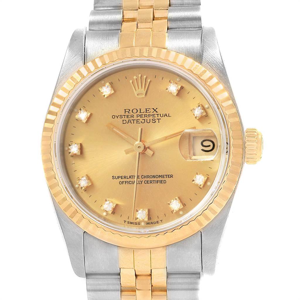 The image shows a frontal view of a Rolex Oyster Perpetual Datejust Mid-Size watch, highlighting its dial, bezel, and bracelet.