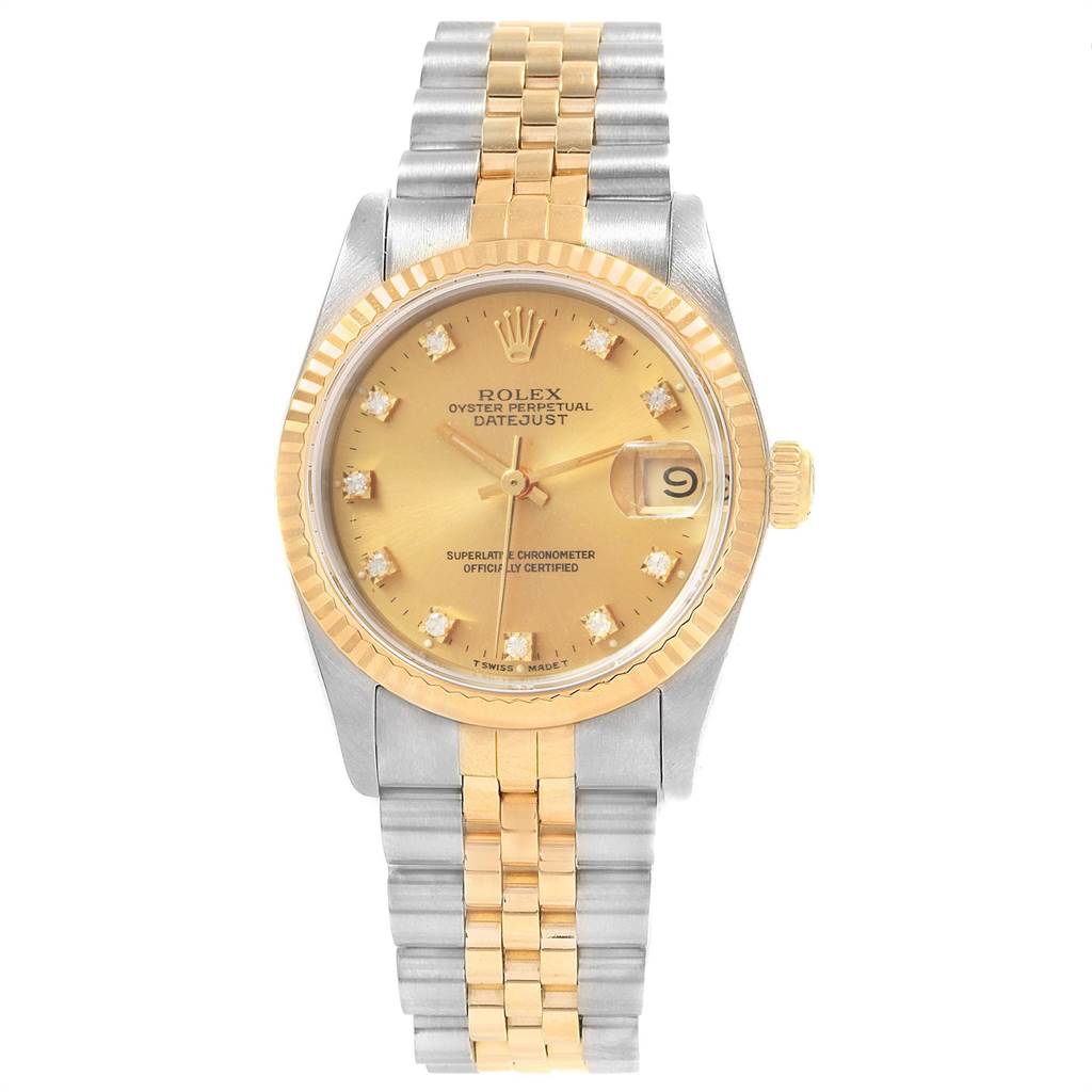 The image shows a Rolex Datejust Mid-Size watch with a two-tone gold and stainless steel bracelet, gold dial, and diamond hour markers.