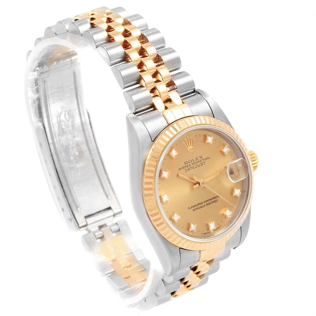 This image shows a Mid-Size Rolex Datejust watch from a 3/4 angle, featuring the dial, bezel, and a two-tone strap.