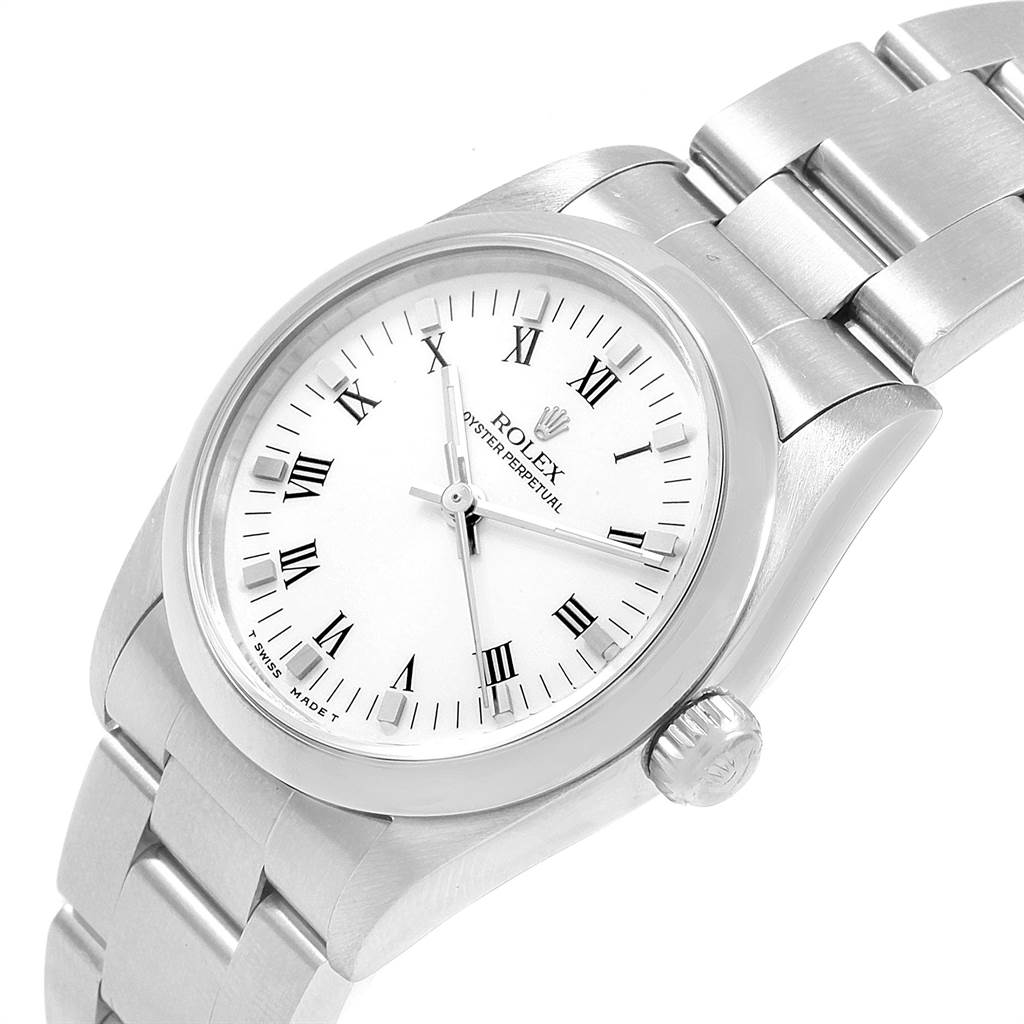 The image shows a Rolex Mid-Size 67480 Women's Stainless Steel White Dial 67480 Women's Stainless Steel White Dial watch at a slight angle, highlighting its dial, case, and partial bracelet.