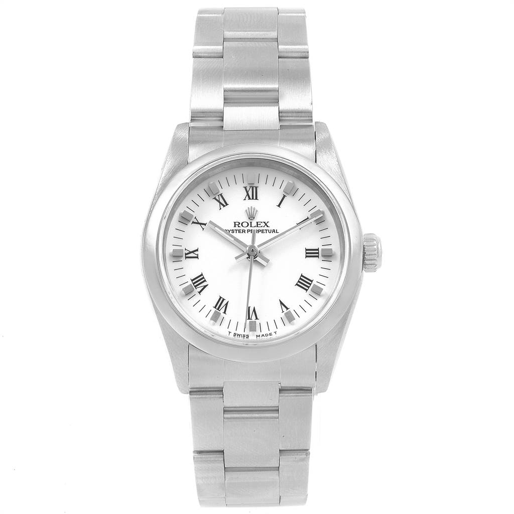 The image shows a mid-size Rolex Oyster Perpetual watch from a front view, displaying its dial, bezel, and bracelet.