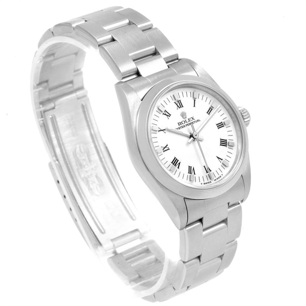 This image shows a side angle view of the Rolex Mid-Size 67480 Women's Stainless Steel White Dial 67480 Women's Stainless Steel White Dial model watch, highlighting its bracelet, case, crown, and white dial.