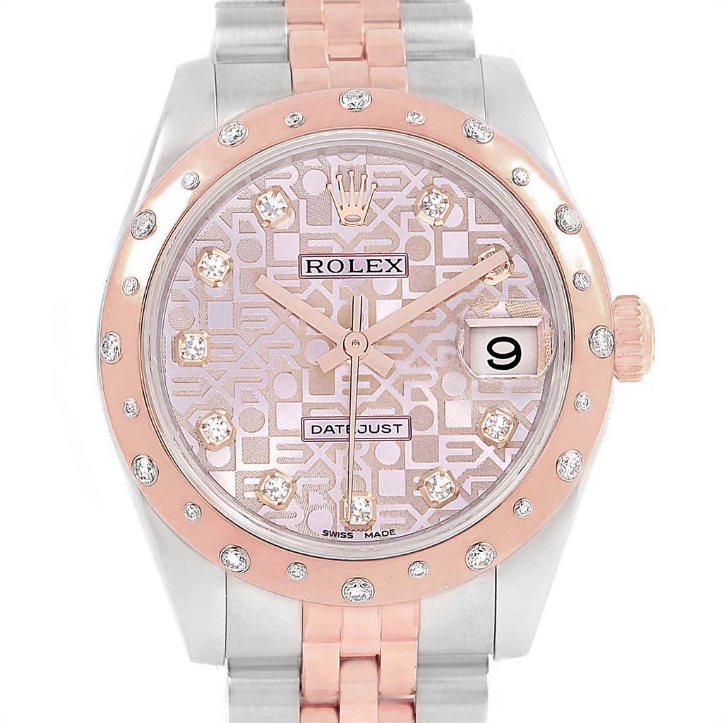 The Rolex Mid-Size 178341 Women's Steel and Gold (two tone) Pink Dial 178341 Women's Steel and Gold (two tone) Pink Dial watch is shown from the front, displaying the face, dial, bezel, and part of the bracelet.