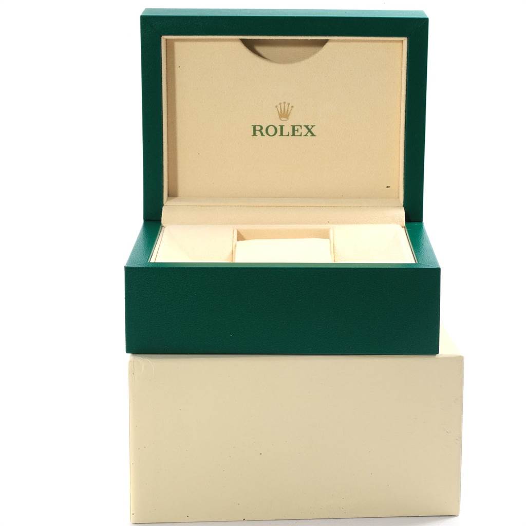 The image shows an open green and beige Rolex watch box, intended for a Mid-Size model.
