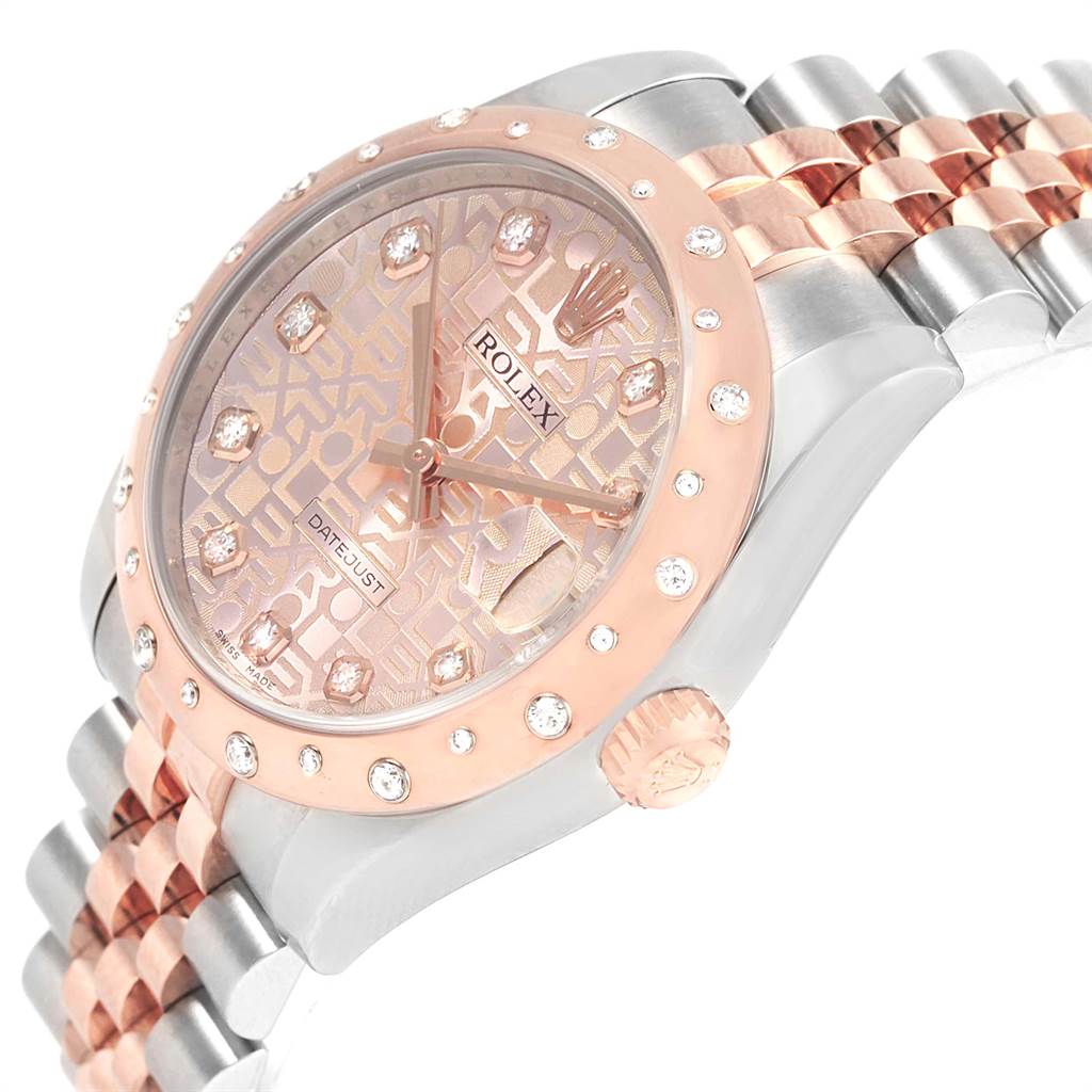 This image shows a Rolex Datejust Mid-Size watch at a slight angle, highlighting the dial, bezel, and part of the bracelet.