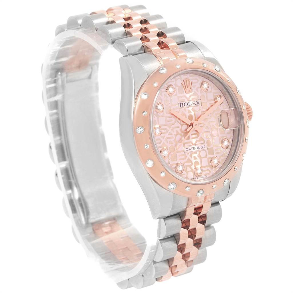 The image shows a Rolex Mid-Size 178341 Women's Steel and Gold (two tone) Pink Dial 178341 Women's Steel and Gold (two tone) Pink Dial Datejust watch at an angled view, highlighting its band, bezel, and face.