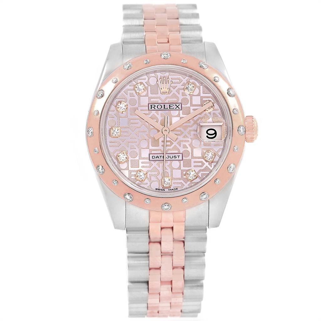 The image shows a Rolex Mid-Size 178341 Women's Steel and Gold (two tone) Pink Dial 178341 Women's Steel and Gold (two tone) Pink Dial watch with a diamond-studded bezel and a two-tone bracelet at a straight-on angle.