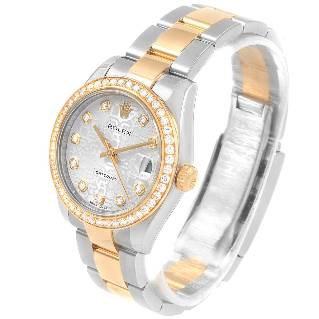 This image shows a Rolex Mid-Size 178383 Women's Steel and Gold (two tone) Silver Dial 178383 Women's Steel and Gold (two tone) Silver Dial Datejust watch from an angled top-down view, displaying its face, bezel, and bracelet.