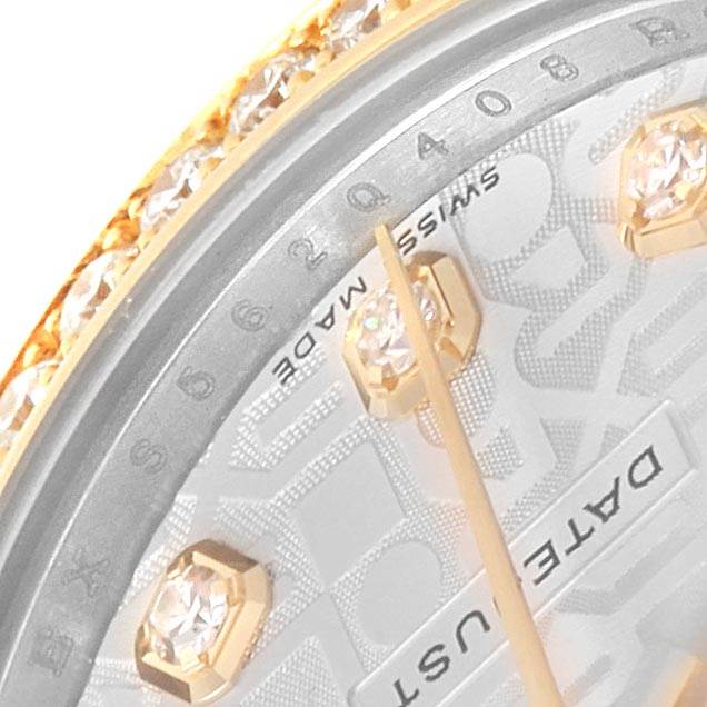 The image shows a close-up of the dial, bezel, and crystal embellishments of a Rolex Mid-Size 178383 Women's Steel and Gold (two tone) Silver Dial 178383 Women's Steel and Gold (two tone) Silver Dial Datejust watch.