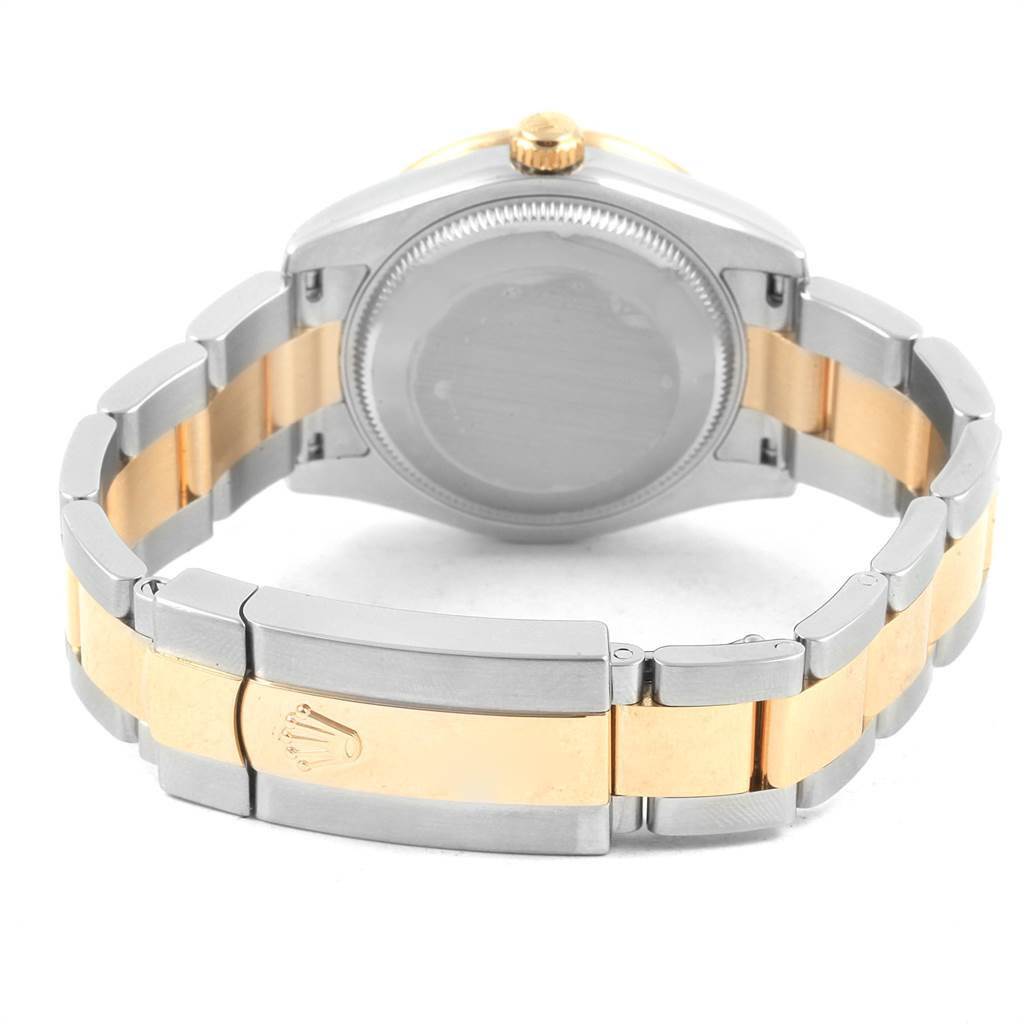The image shows the back case and bracelet of a Rolex Mid-Size 178383 Women's Steel and Gold (two tone) Silver Dial 178383 Women's Steel and Gold (two tone) Silver Dial model watch, emphasizing the two-tone metal design.