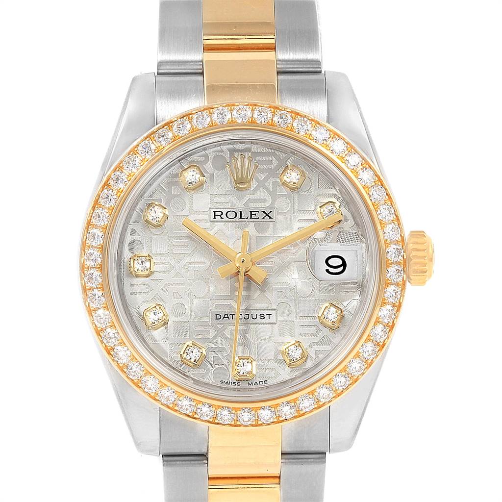 This image shows a Rolex Mid-Size 178383 Women's Steel and Gold (two tone) Silver Dial 178383 Women's Steel and Gold (two tone) Silver Dial Datejust watch viewed from the front, highlighting the face, bezel, and part of the band.
