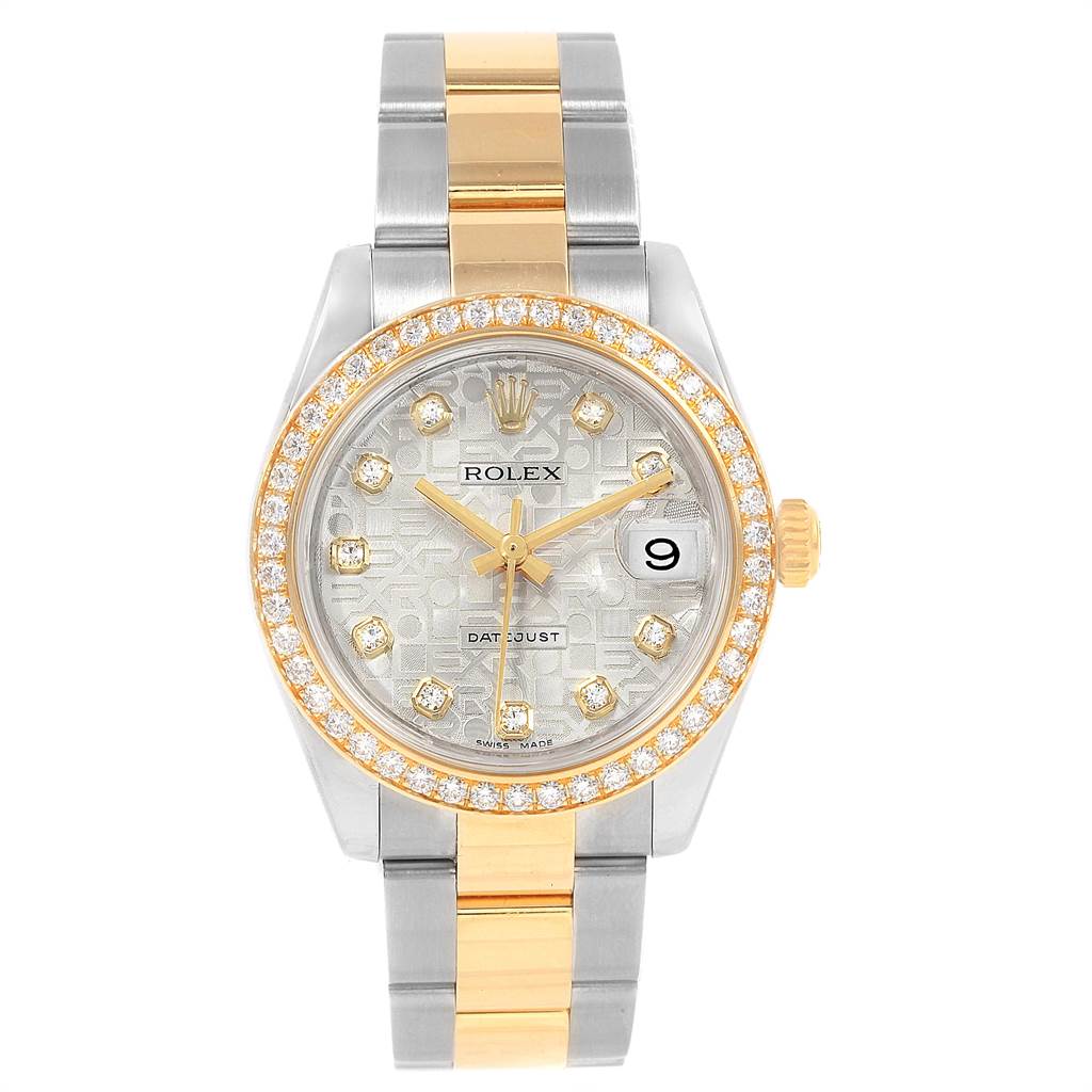 The Rolex Mid-Size 178383 Women's Steel and Gold (two tone) Silver Dial 178383 Women's Steel and Gold (two tone) Silver Dial Datejust watch is shown from a front view, displaying the dial, bezel, crown, and bracelet.