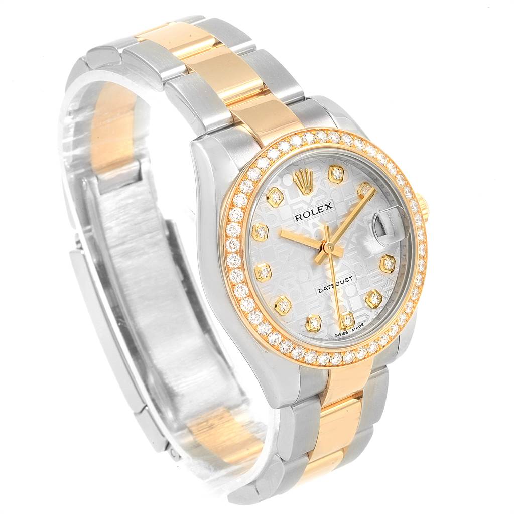 This image shows a Rolex Mid-Size 178383 Women's Steel and Gold (two tone) Silver Dial 178383 Women's Steel and Gold (two tone) Silver Dial Datejust watch, featuring a two-tone bracelet and a diamond-encrusted bezel from an angled perspective.