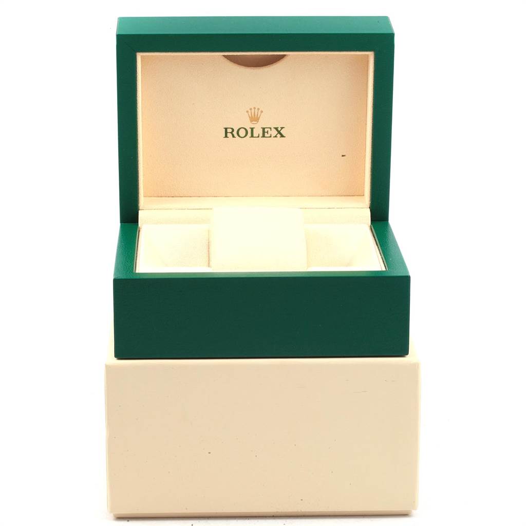 The image shows an open Rolex watch box for a Mid-Size model, showcasing the interior from a front-facing angle.