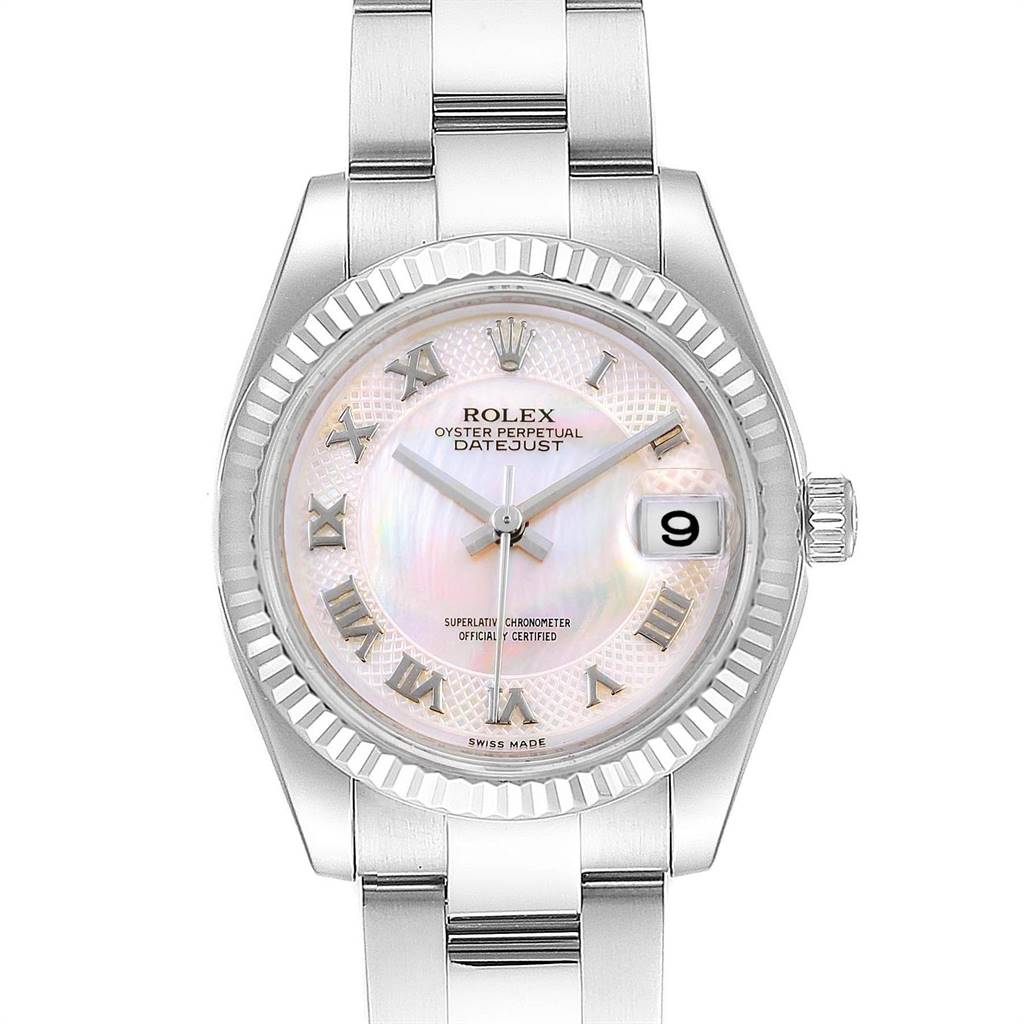 The Rolex Mid-Size 178274 Women's Stainless Steel Mother of Pearl Dial 178274 Women's Stainless Steel Mother of Pearl Dial Datejust is shown from a front angle, displaying the face, dial, bezel, and part of the bracelet.