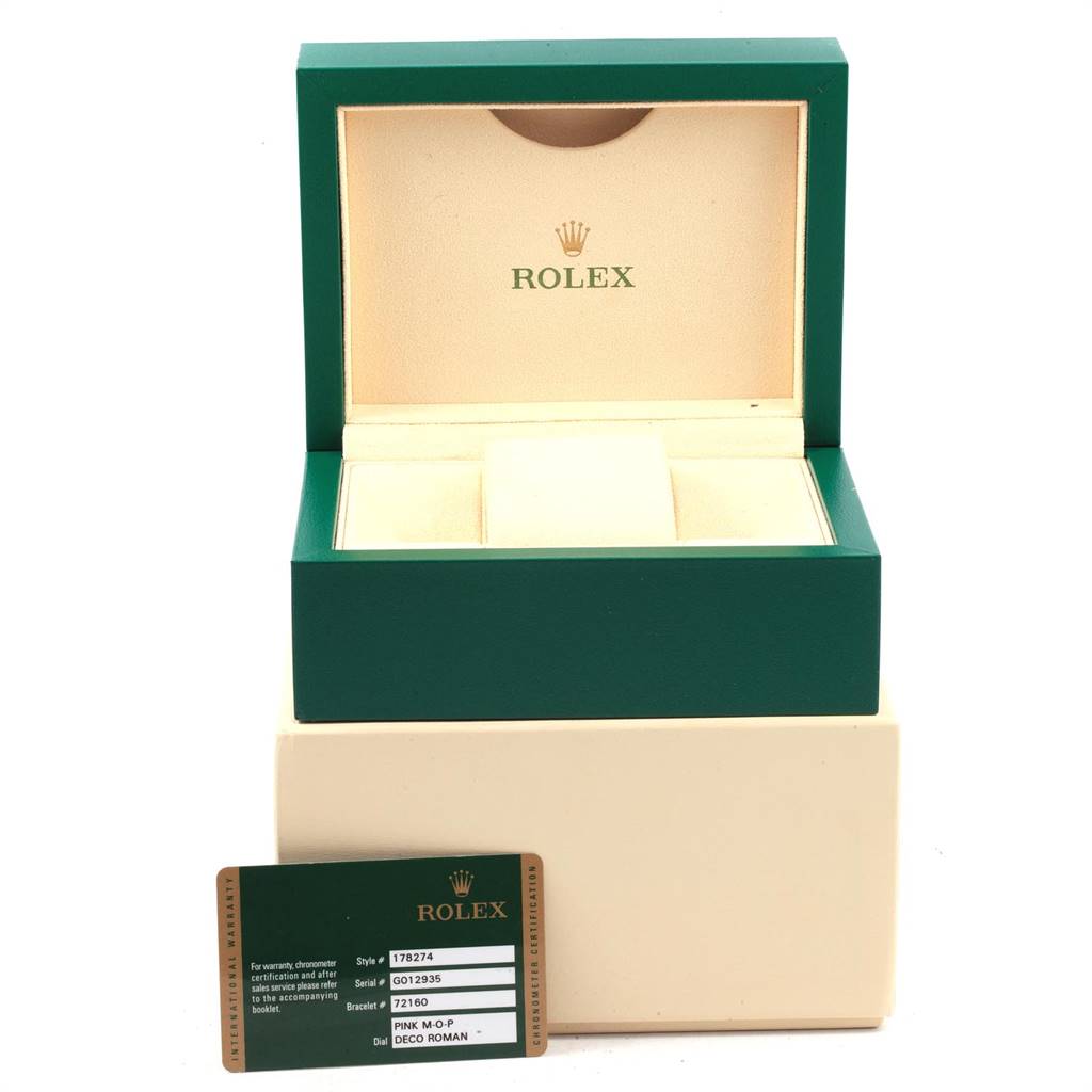 The image shows a Rolex watch box with a card, likely for a Mid-Size model, viewed from the front.