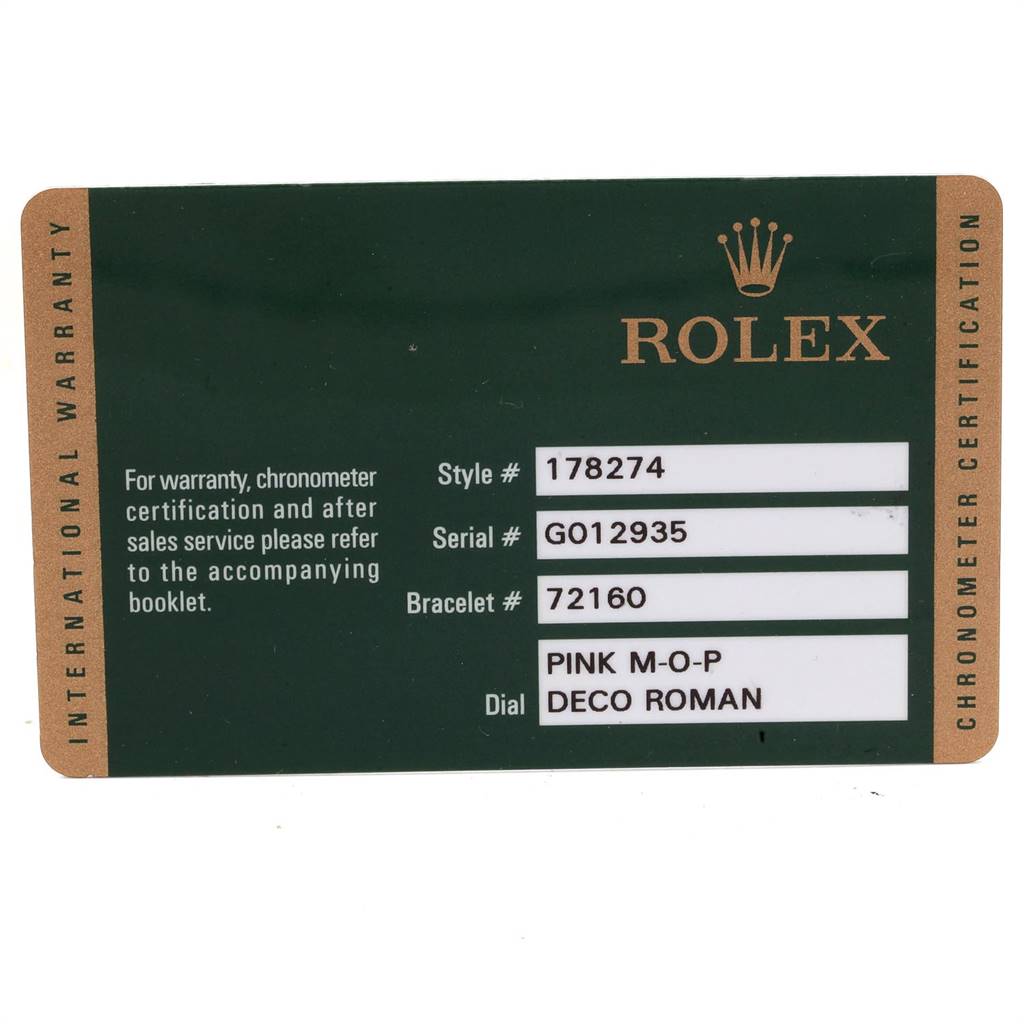 This image shows a warranty card for a Rolex Mid-Size 178274 Women's Stainless Steel Mother of Pearl Dial 178274 Women's Stainless Steel Mother of Pearl Dial model with details like style, serial, bracelet numbers, and dial description.