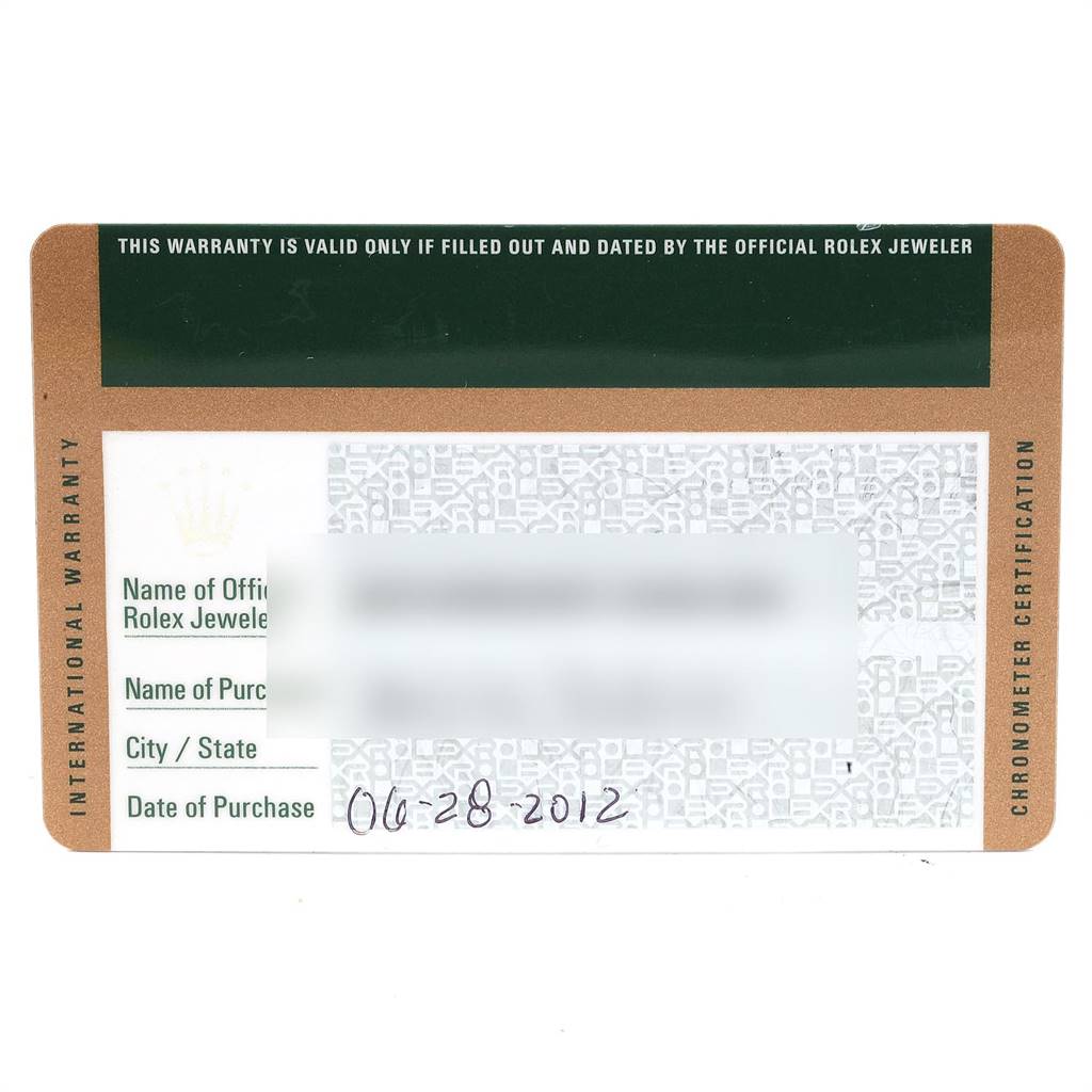 The image shows the warranty card for a Mid-Size Rolex watch, including purchase details and the date of purchase.