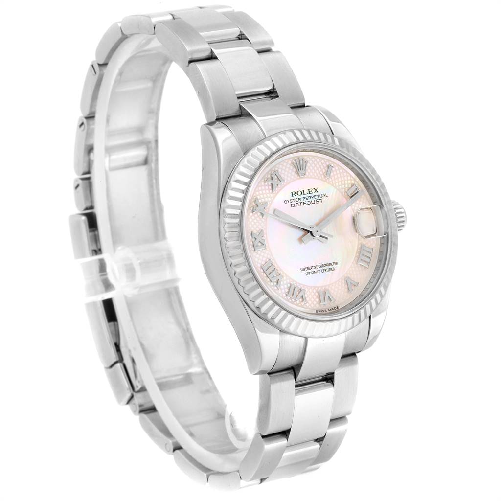 The image shows a Rolex Mid-Size 178274 Women's Stainless Steel Mother of Pearl Dial 178274 Women's Stainless Steel Mother of Pearl Dial Oyster Perpetual Datejust watch from a three-quarter angle, highlighting the bracelet, dial, and bezel.