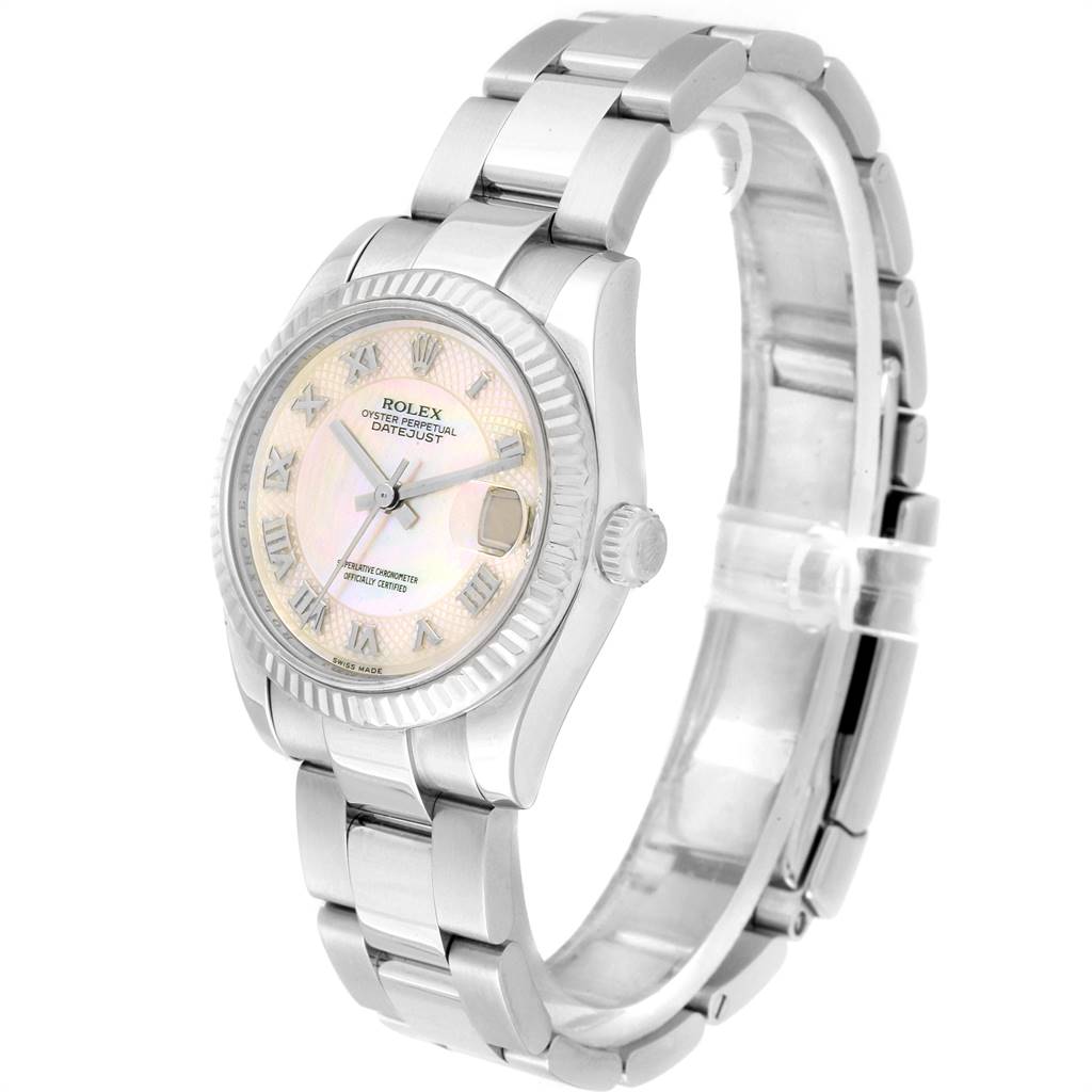 The image shows a three-quarter view of a Rolex Mid-Size 178274 Women's Stainless Steel Mother of Pearl Dial 178274 Women's Stainless Steel Mother of Pearl Dial Oyster Perpetual Datejust, focusing on the face, bezel, and part of the bracelet.