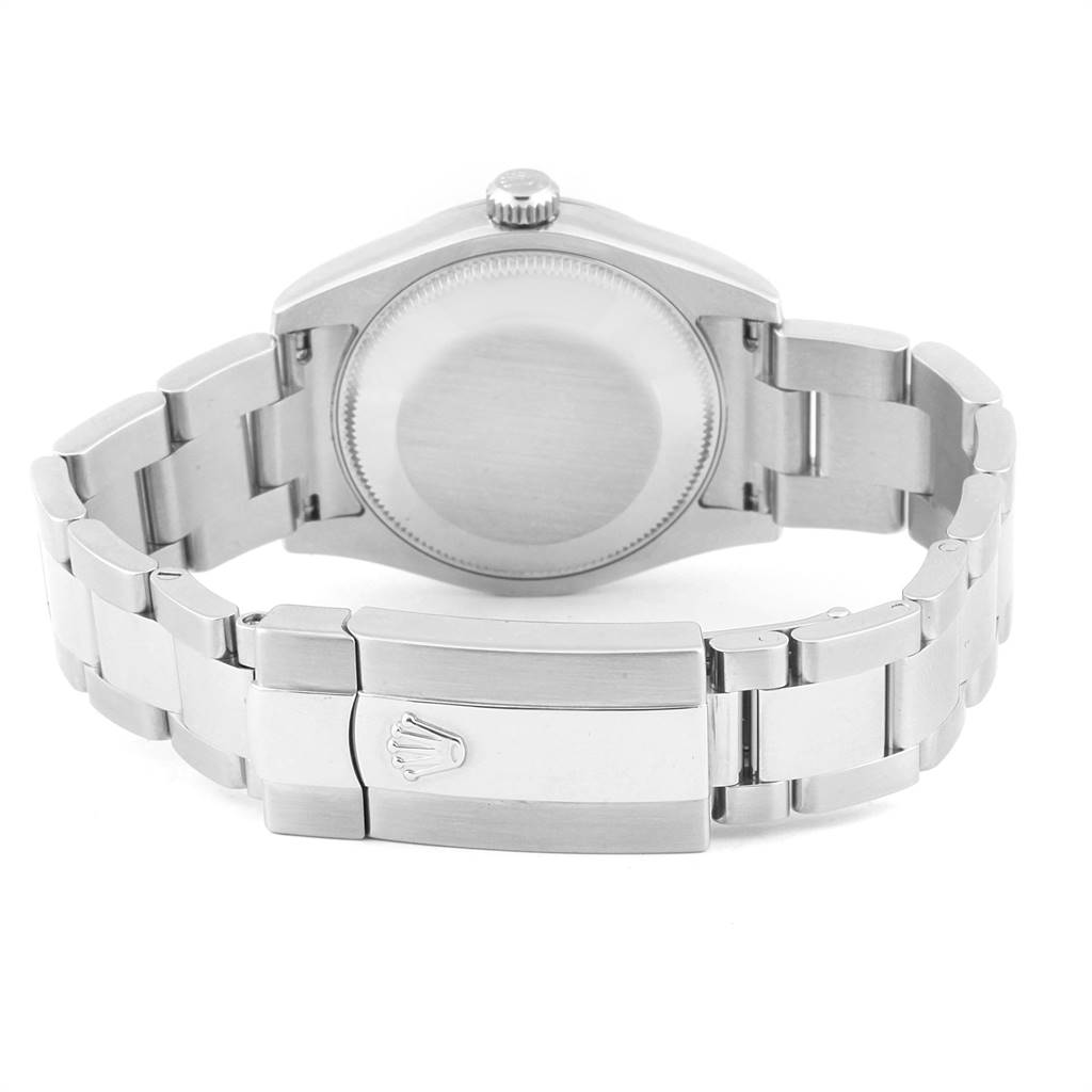 This image shows the Rolex Mid-Size 178274 Women's Stainless Steel Mother of Pearl Dial 178274 Women's Stainless Steel Mother of Pearl Dial watch from the back, highlighting its case back, bracelet, and clasp.