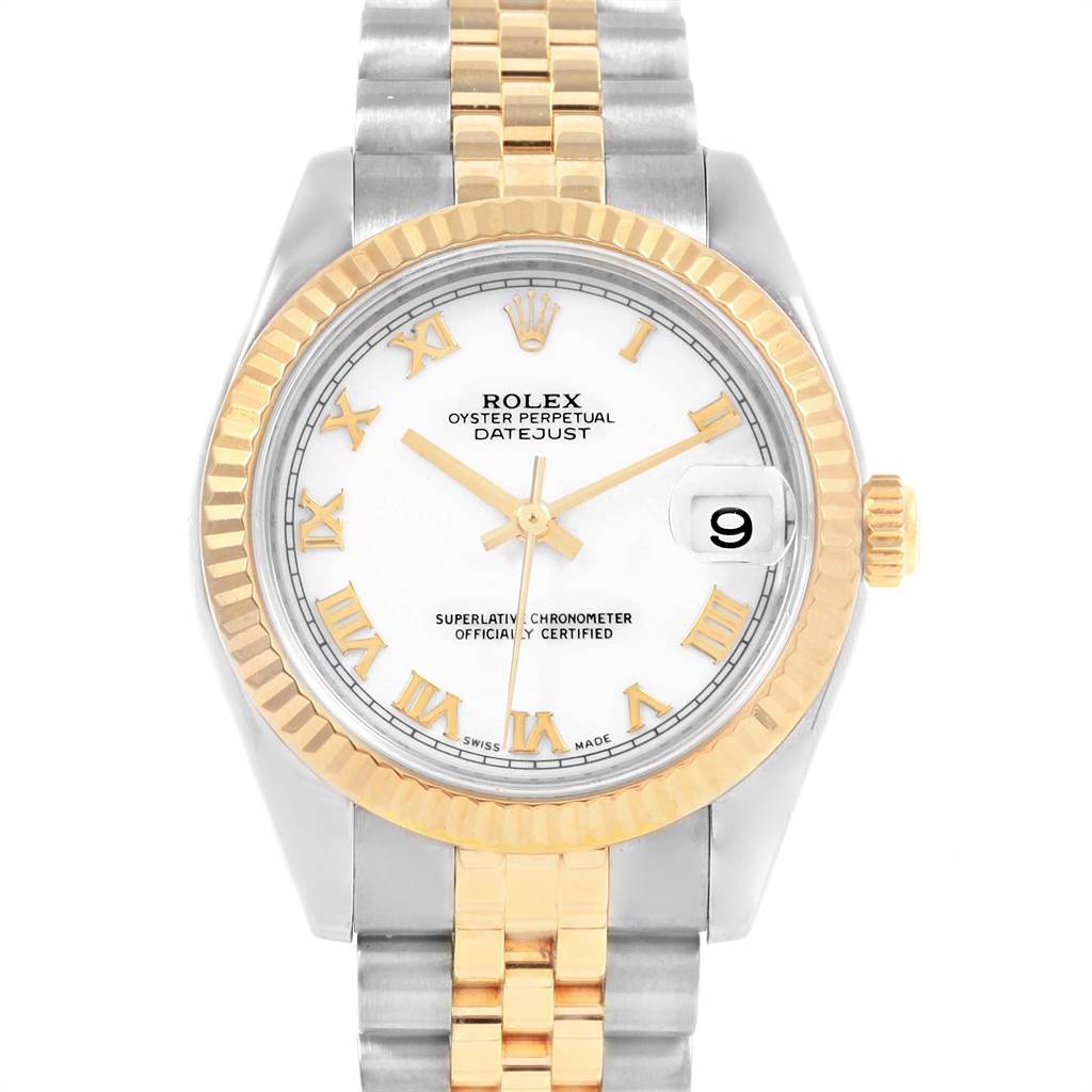The Rolex Mid-Size 178273 Women's Steel and Gold (two tone) White Dial 178273 Women's Steel and Gold (two tone) White Dial Datejust watch is shown from a front angle, displaying its face, bezel, and bracelet.