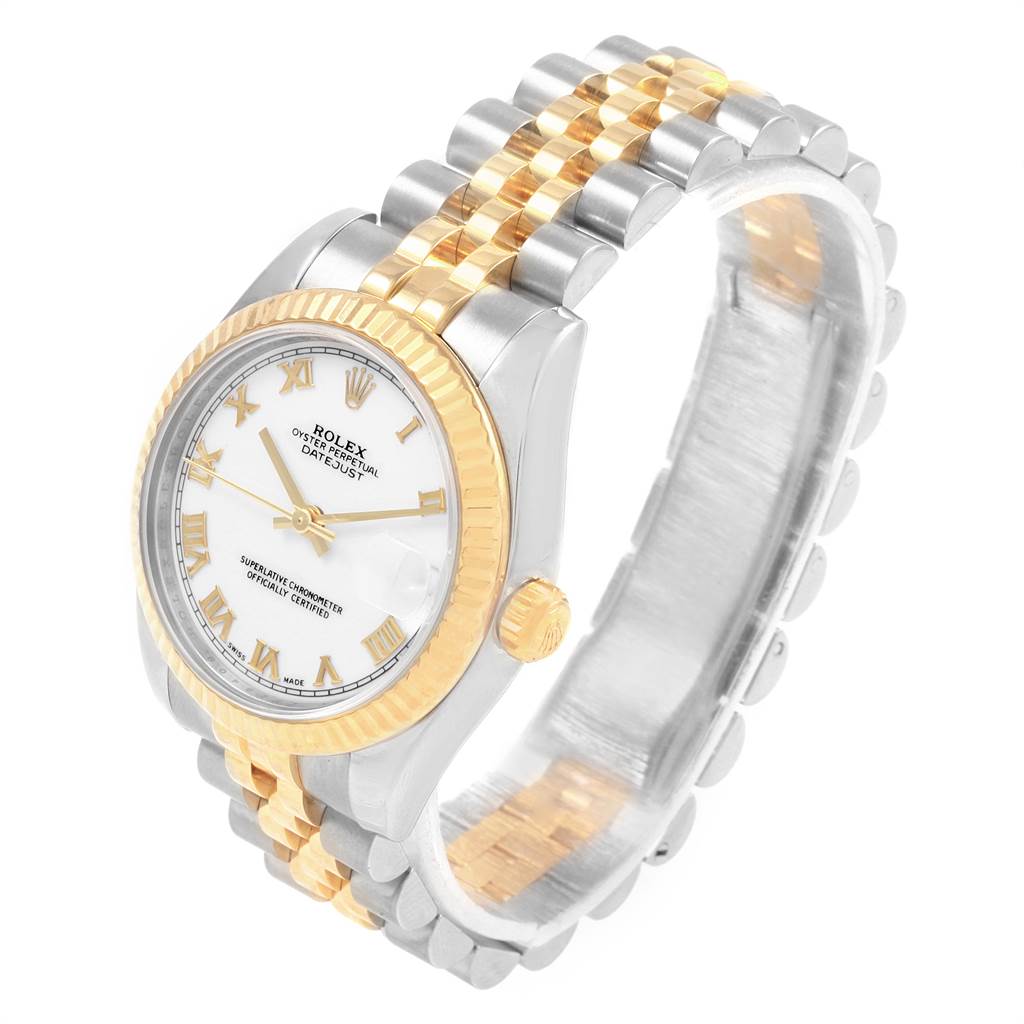 The image shows a Rolex Mid-Size 178273 Women's Steel and Gold (two tone) White Dial 178273 Women's Steel and Gold (two tone) White Dial Oyster Perpetual Datejust watch at a 3/4 angle, highlighting the dial, bezel, crown, and bracelet.