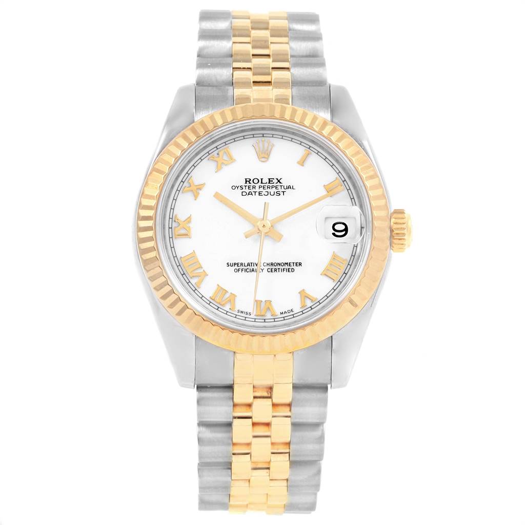 The image shows a front view of a Rolex Oyster Perpetual Datejust Mid-Size watch with a two-tone bracelet and fluted bezel.
