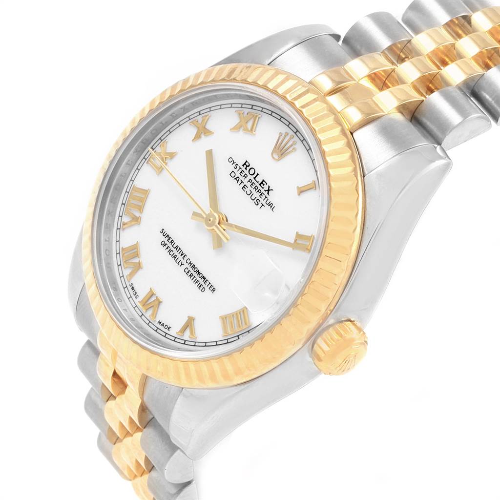 The image shows a Mid-Size Rolex Oyster Perpetual Datejust watch from an angled view, highlighting the bezel, dial, and part of the bracelet.