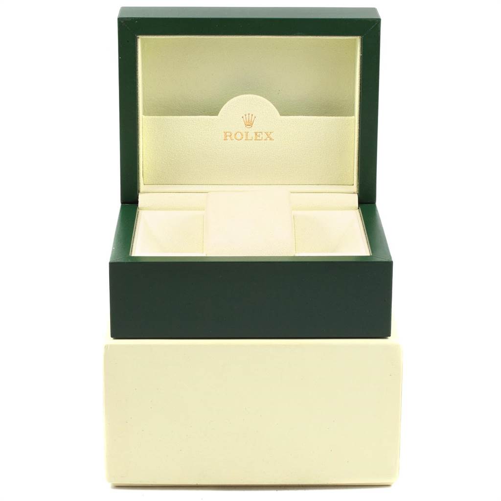 This image shows an open Rolex watch box, revealing the interior compartments for the Mid-Size model.