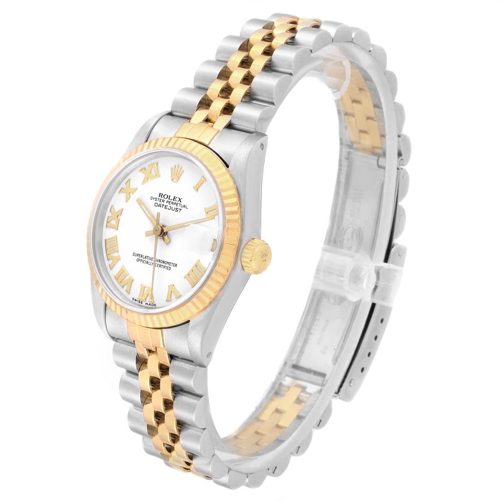 The image shows a Rolex Mid-Size 68273 Women's Steel and Gold (two tone) White Dial 68273 Women's Steel and Gold (two tone) White Dial watch at a three-quarter angle, featuring a two-tone bracelet and a white dial with Roman numerals.