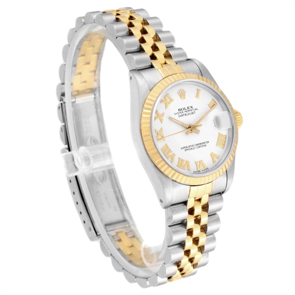 The Rolex Datejust Mid-Size watch is shown in a three-quarter angle, highlighting its face, bezel, and two-tone bracelet.