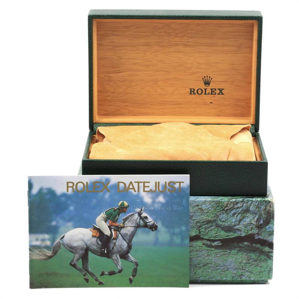 The image shows a Rolex Datejust Mid-Size watch box and a booklet, shot from the front angle.