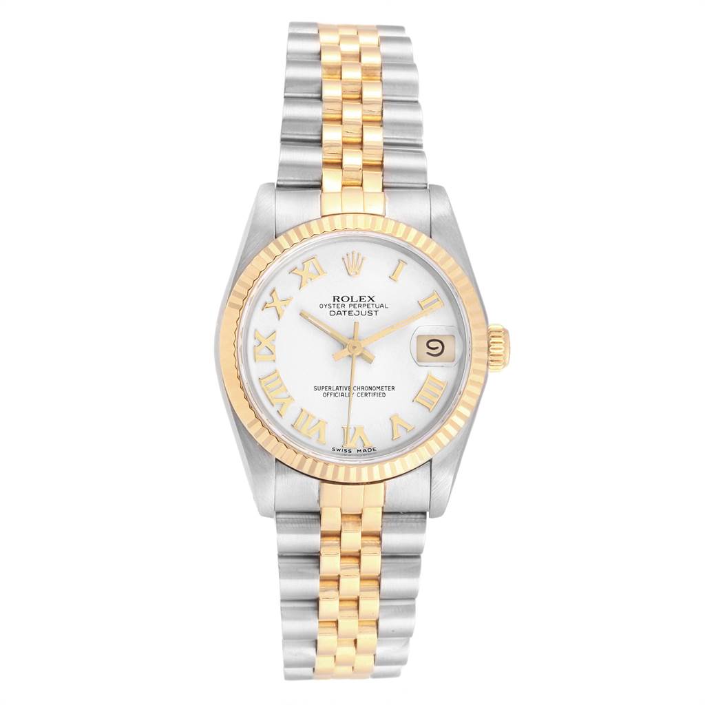 This image shows the front view of a Rolex Mid-Size 68273 Women's Steel and Gold (two tone) White Dial 68273 Women's Steel and Gold (two tone) White Dial Datejust watch, including the dial, bezel, and bracelet.