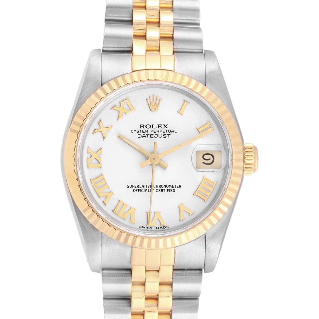 The image shows a front view of a Rolex Mid-Size 68273 Women's Steel and Gold (two tone) White Dial 68273 Women's Steel and Gold (two tone) White Dial Oyster Perpetual Datejust watch, including its dial, bezel, and bracelet.