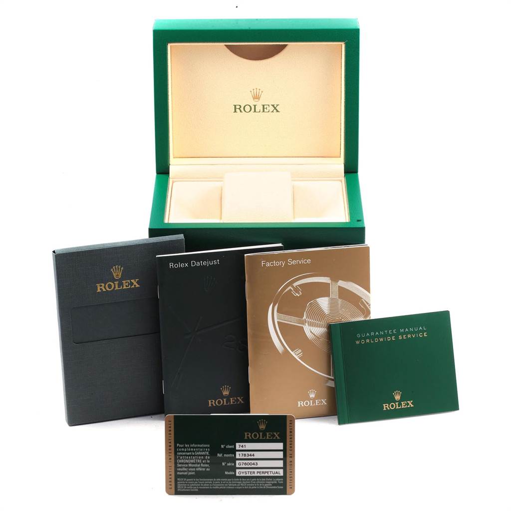 The image shows the packaging, manuals, and warranty card for a Rolex Mid-Size 178344 Women
s Stainless Steel Brown Dial 178344 Women
s Stainless Steel Brown Dial model, with a prominently displayed green box.