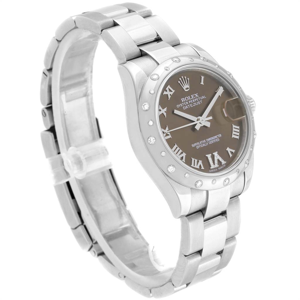 The image shows a three-quarter view of a Rolex Mid-Size 178344 Women
s Stainless Steel Brown Dial 178344 Women
s Stainless Steel Brown Dial Datejust, displaying its face, bezel, and bracelet.