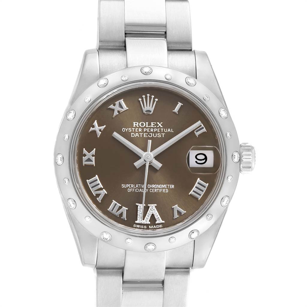 The Rolex Mid-Size 178344 Women
s Stainless Steel Brown Dial 178344 Women
s Stainless Steel Brown Dial Oyster Perpetual Datejust watch is shown from the front angle, highlighting the dial, bezel, and part of the bracelet.