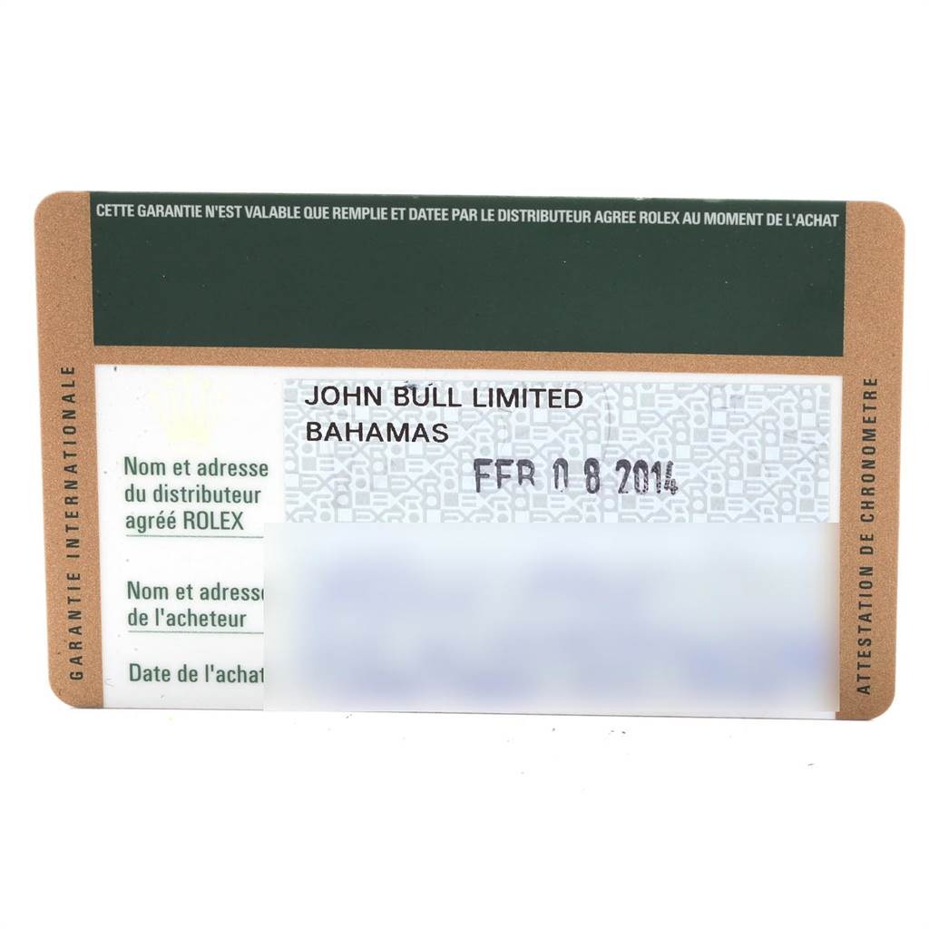 This image shows a warranty card for a Mid-Size Rolex watch, including dealer information and purchase date.