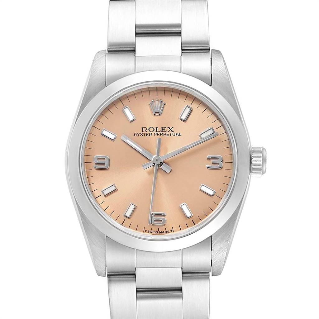 The image shows a frontal view of a Rolex Oyster Perpetual Mid-Size watch with a silver bracelet and a peach dial.
