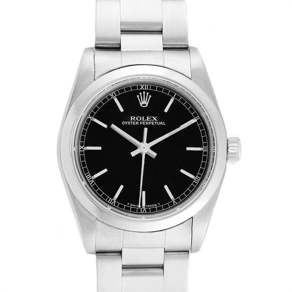 This image shows the front view of a Rolex Oyster Perpetual Mid-Size model, displaying its dial, casing, and part of the bracelet.