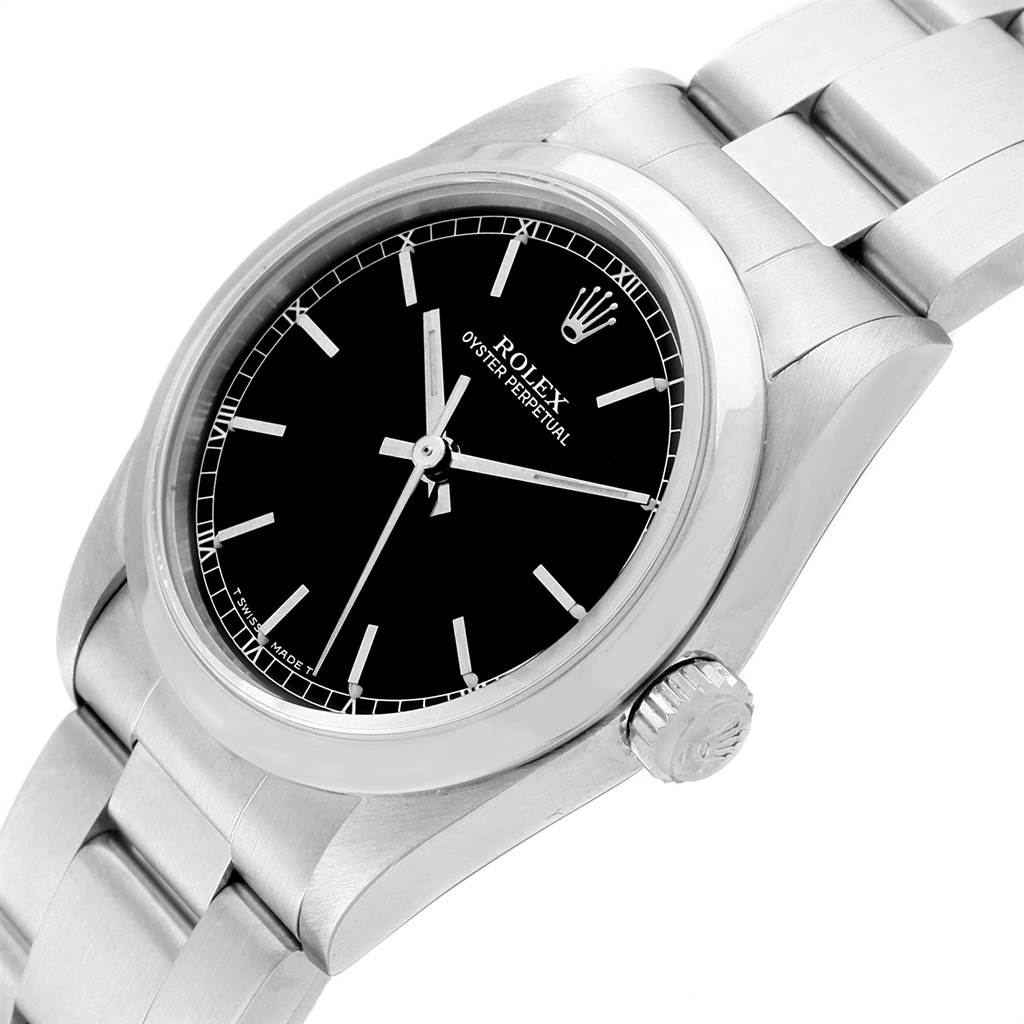 The image features a Rolex Oyster Perpetual Mid-Size watch at a slight angle, showing the dial, bezel, case, and part of the bracelet.