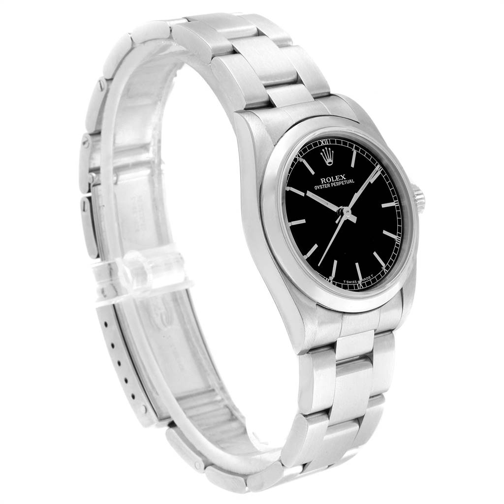 The Rolex Mid-Size 77080 Women's Stainless Steel Black Dial 77080 Women's Stainless Steel Black Dial model is shown at a three-quarter angle, featuring its black dial, stainless steel case, and metal bracelet.