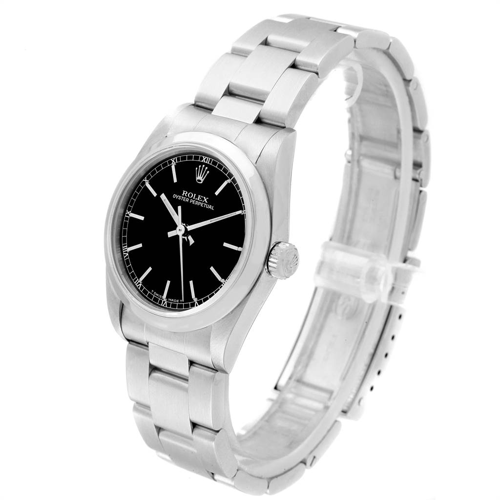 The image shows a Rolex Mid-Size 77080 Women's Stainless Steel Black Dial 77080 Women's Stainless Steel Black Dial Oyster Perpetual watch at a three-quarter angle, highlighting its black dial and metallic bracelet.