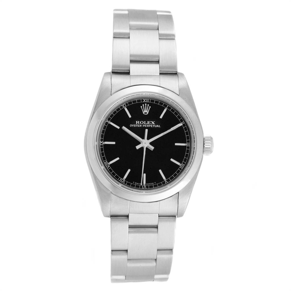 The Mid-Size Rolex Oyster Perpetual is shown from the front, displaying its black dial and silver metal bracelet.