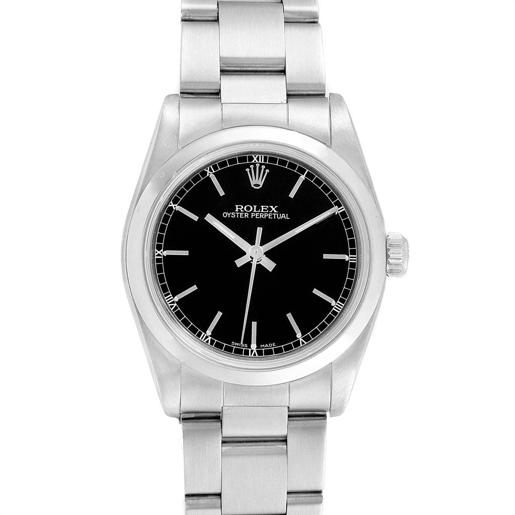 The image shows a front view of a Rolex Mid-Size 77080 Women's Stainless Steel Black Dial 77080 Women's Stainless Steel Black Dial Oyster Perpetual watch, displaying the dial and bracelet.