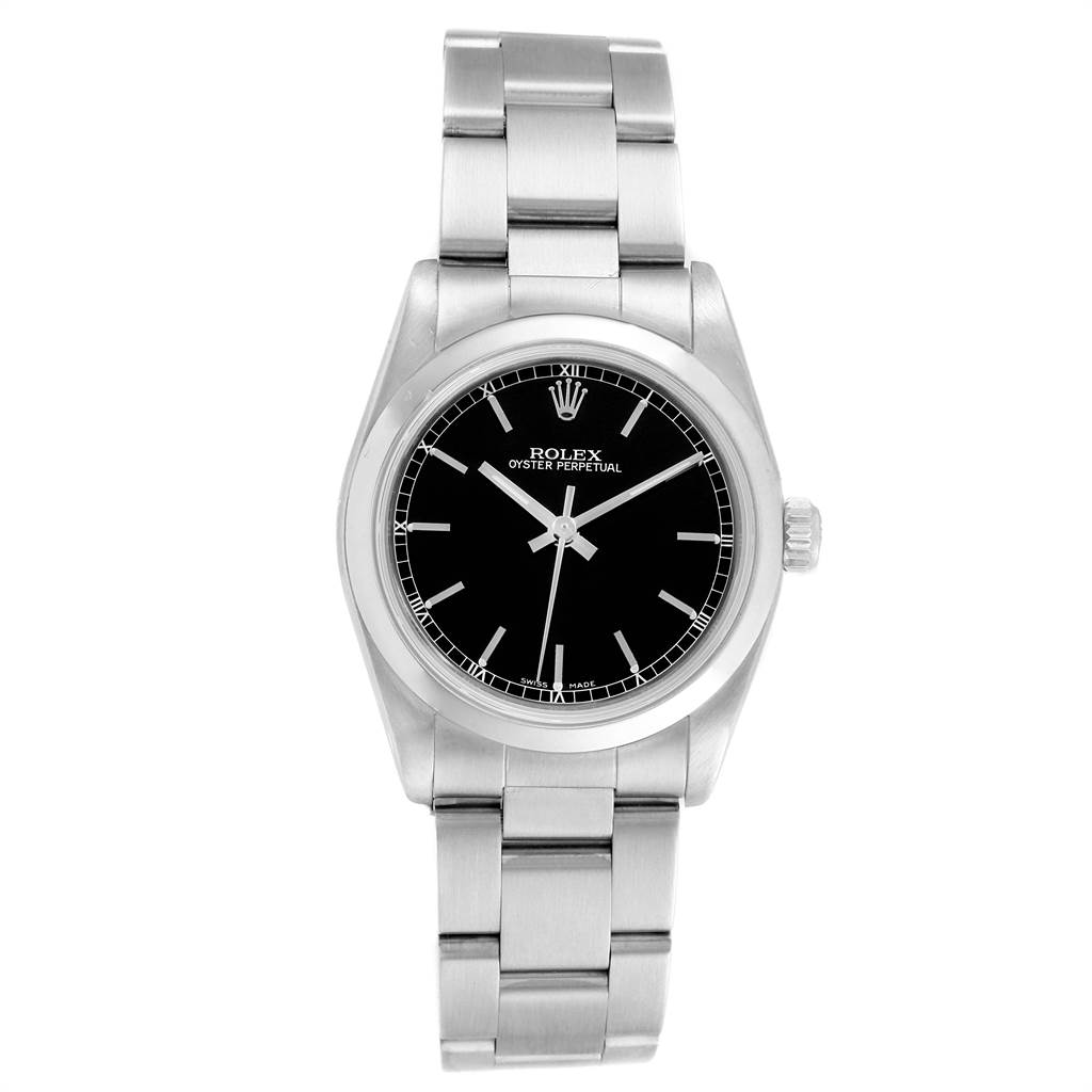 This Rolex Mid-Size 77080 Women's Stainless Steel Black Dial 77080 Women's Stainless Steel Black Dial model is shown from the front, displaying its dial, hands, bezel, and bracelet.