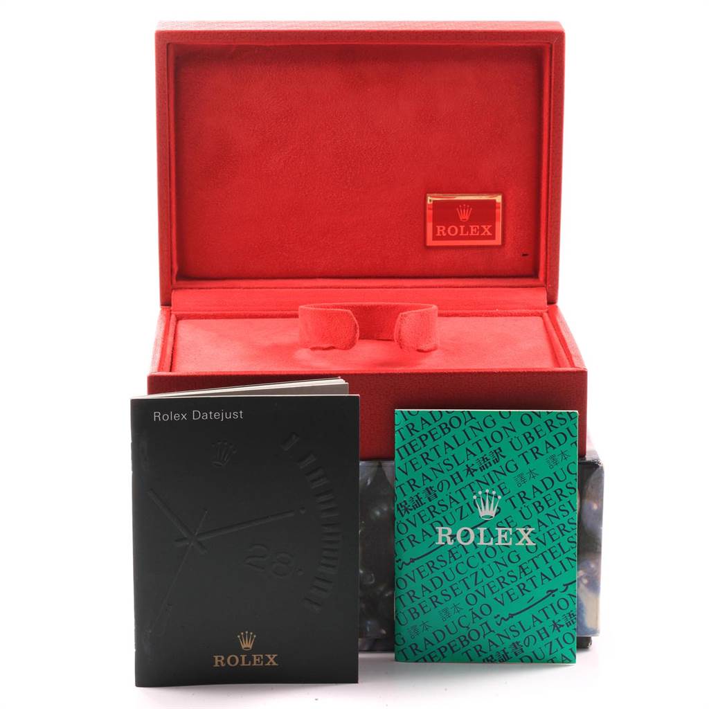 The image shows the open box and manuals for a Rolex Mid-Size 68273 Women's Steel and Gold (two tone) Blue Dial 68273 Women's Steel and Gold (two tone) Blue Dial model watch, including the Rolex Datejust booklet.