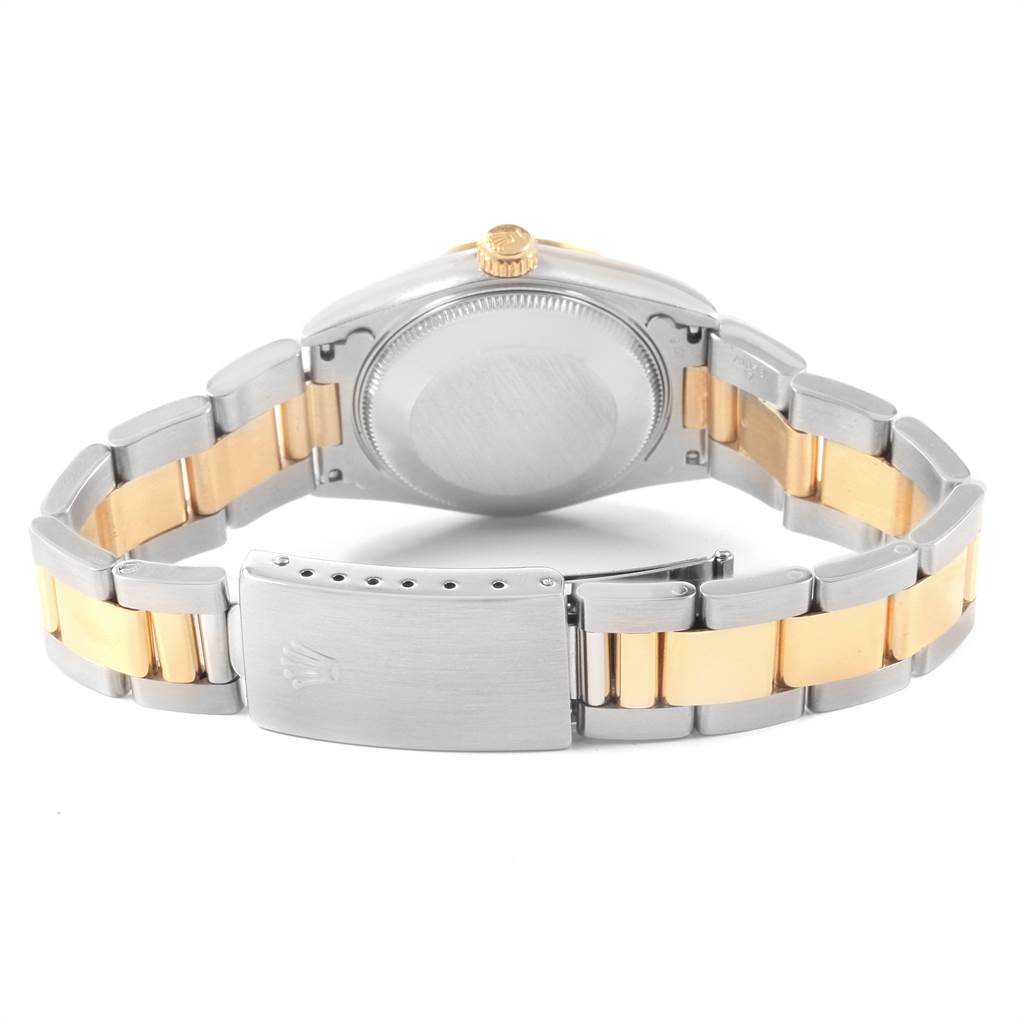 The image shows the backside of a Rolex Mid-Size 68273 Women's Steel and Gold (two tone) Blue Dial 68273 Women's Steel and Gold (two tone) Blue Dial model watch, highlighting the clasp, bracelet, and case back.