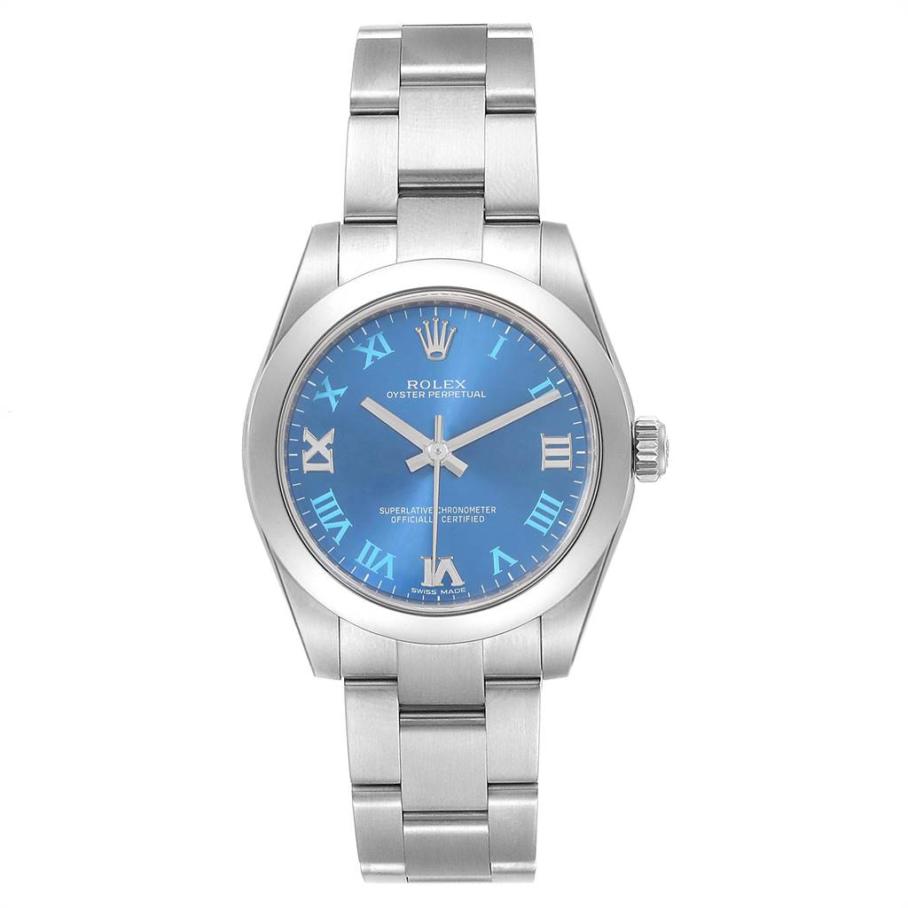 This image shows a front view of a Rolex Mid-Size 177200 Women's Stainless Steel Blue Dial 177200 Women's Stainless Steel Blue Dial Oyster Perpetual watch, highlighting its blue dial and bracelet.
